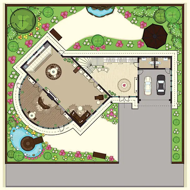 Vector illustration of House top plan with a beautiful garden