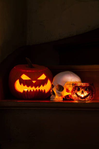 istock Halloween pumpkins on front step with Halloween decorations 1737771966