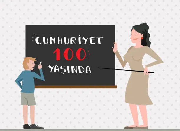 Vector illustration of October 29 Republic Day - 29 Ekim Cumhuriyet Bayrami - Cumhuriyet 100 yasinda - Turkish Republic is 100 years old - Handwritten text on Whiteboard - Flat design Teacher & Student stock illustration