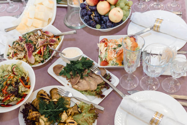 istock Salads and snacks in the assortment on the festive table. 1737773118