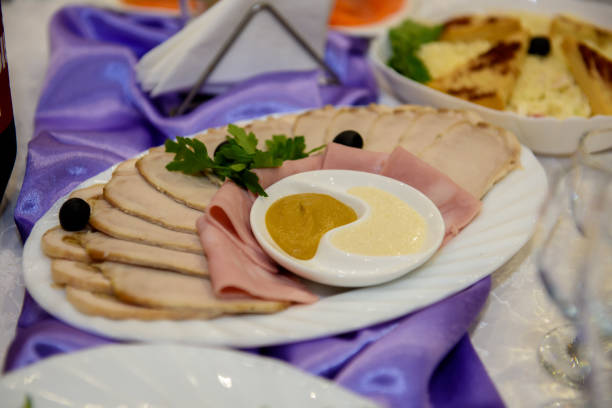 The food is varied and appetizing for a banquet.