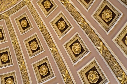 Beige ceiling panels with gilded trim appear in this tightly cropped horizontal composition - with the curved directional lines of the dome pointing toward upper left.  This close-up includes only about a dozen panels of the domed ceiling in the Library of Congress, Washington, DC.