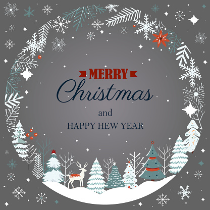 New year, Merry Chrisrmas template. Christmas card, frame with snowflakes, trees. Winter concept in scandi style.