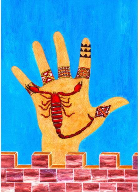 istock Hand painted modern painting. Painting human hand and scorpio and brickwall with blue background. 1737784897