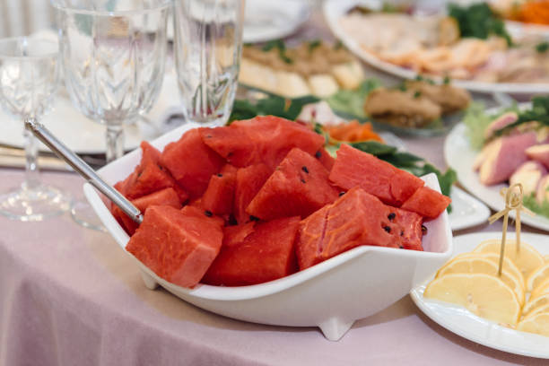 istock Watermelon red slices on a platter. 1737789035