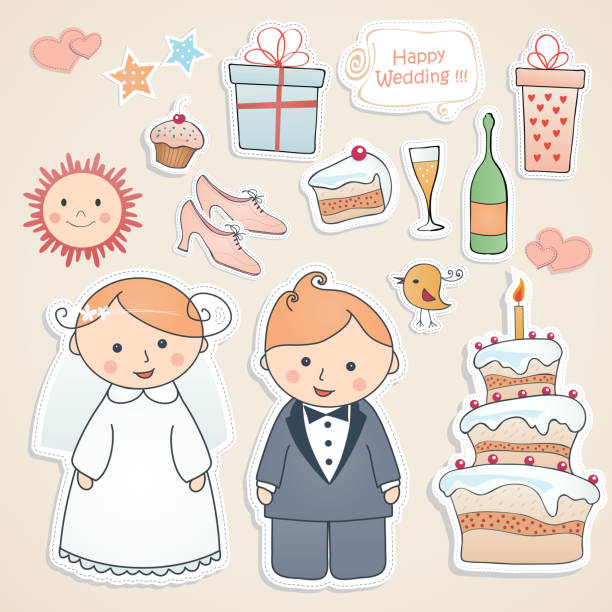 illustrazioni stock, clip art, cartoni animati e icone di tendenza di set di matrimonio. - cake old fashioned gift women