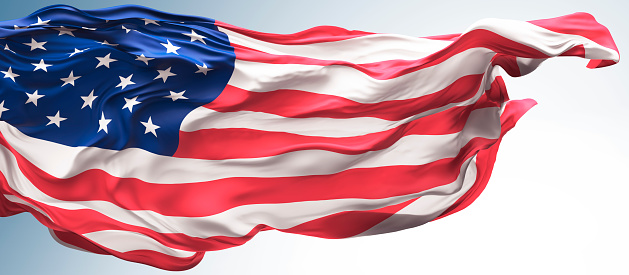 Flag of United States of America blowing in the wind. USA flying flag. 3D illustration.