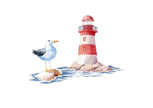 Rocks, seagulls and old lighthouse, Hand drawn watercolor illustration, isolated on white background