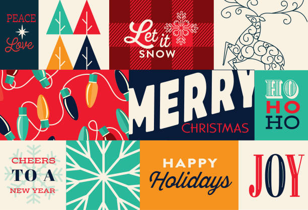 Christmas Greeting web banner abstract design template with Holiday phrases, trees, deer, lights Vector illustration of a Christmas Greeting design abstract collage colorful mosaic greeting card design template with Holiday phrases, trees, deer, lights. Fully editable vector eps and high resolution jpg in download. christmas card template stock illustrations
