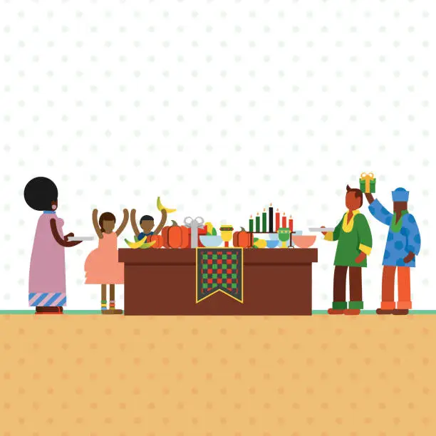 Vector illustration of Kwanzaa Celebration - Happy Family Kwanzaa Festival - Flat Design Vector Art stock illustration