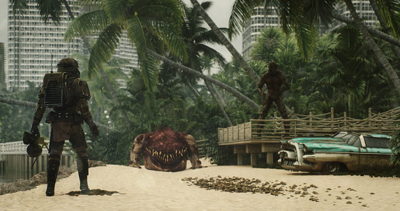 Digitally generated lone armored bounty hunter that stands on a sandy beach, facing a large, menacing alien or mutant creature, as another mutant takes cover behind an old, wrecked car. Palm trees sway in the background, suggesting a tropical setting, and the overcast sky adds a sense of foreboding to the impending encounter.

The scene was created in Autodesk® 3ds Max 2024 with V-Ray 6 and rendered with photorealistic shaders and lighting in Chaos® Vantage with some post-production added.