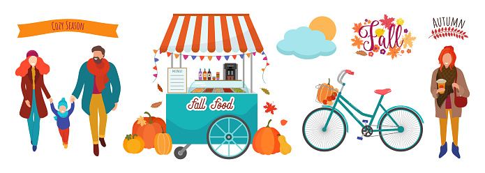 Fall season town objects and people. Family and young woman with bicycle. Autumn food stand cart. Pumpkins and gourds. Ribbons and text elements.