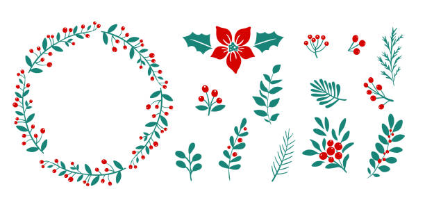 ilustrações de stock, clip art, desenhos animados e ícones de merry christmas wreath and branch set. vector illustration - christmas tree branch