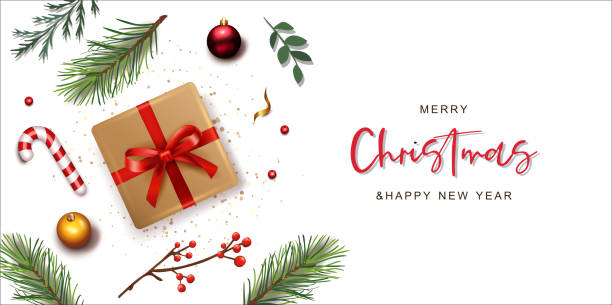 ilustrações de stock, clip art, desenhos animados e ícones de merry christmas background with gift box and branch. vector illustration - christmas tree branch