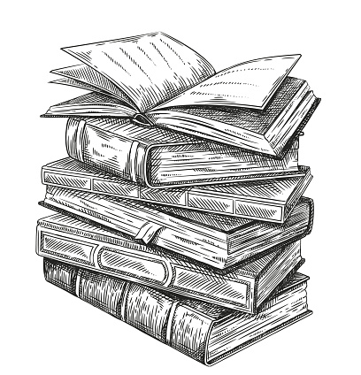 Pencil-drawn stack or pile of books. Hand Drawn Vintage Sketch. Vector Illustration