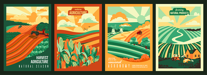 Farming, Agriculture and nature concept. Agricultural fields, farms. Tractor plowing the field and harvesting the crop. Set of vector illustrations for poster, background or book cover