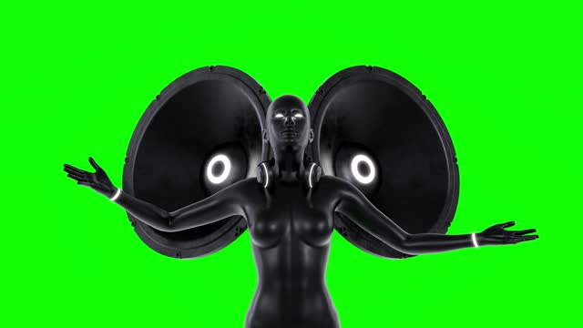 Background green screen animation speakers and animated female sparkling eyes dj making loud sound music loop - Stock video stock video