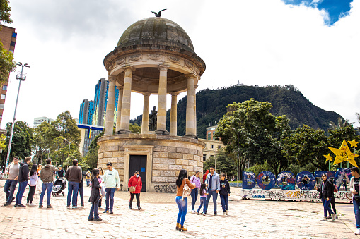 Bogota, Colombia - July 2nd 2023. Tourists at the Temple of the Liberator Simon Bolivar at  the Journalists Park located in the Las Nieves neighborhood in the center of the city of Bogota.