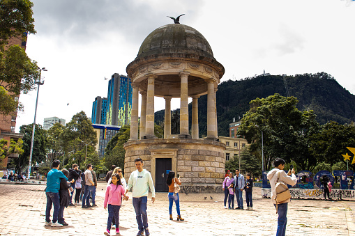 Bogota, Colombia - July 2nd 2023. Tourists at the Temple of the Liberator Simon Bolivar at  the Journalists Park located in the Las Nieves neighborhood in the center of the city of Bogota.