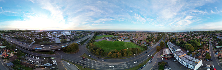 High Resolution Aerial Ultra Wide Panoramic View of Illuminated Luton City of England UK. Just After Sunset. Gorgeous Aerial View of Luton Town Captured with Drone's Camera from High Altitude