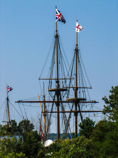 Jamestown Settlement - masts of Godspeed and Susan Constant historical ships Jamestown Settlement - masts of Godspeed and Susan Constant historical ships godspeed stock pictures, royalty-free photos & images