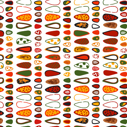 African clash ethnic tribal seamless pattern background. Vector red, yellow, green abstract shapes, square repeat lines backdrop for Black History Month, Juneteenth, Kwanzaa print, banner, wallpaper stock illustration