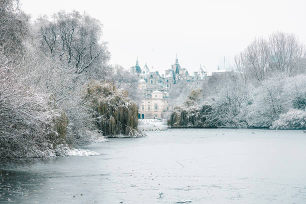 incantevole vista invernale di londra da st. james's park, westminster - london england park whitehall street palace foto e immagini stock