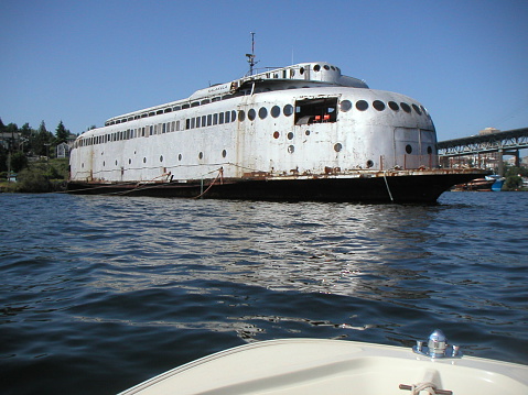 The boat Kalakala while it was stored on Lake Union in Seattle.  The boat was a famous art deco designe ferry in the Puget Sound during the 1930's.