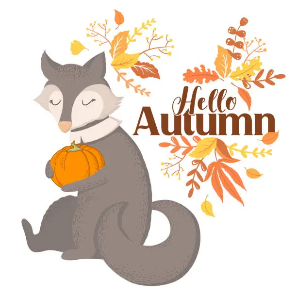 Vector illustration of Vector illustration with cute wolf character, lettering and autumn leaves isolated on white background. Illustration for Thanksgiving greeting card template, poster, invitation