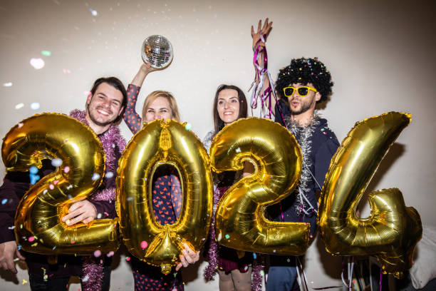 istock Happy New Year with balloons 1738001847