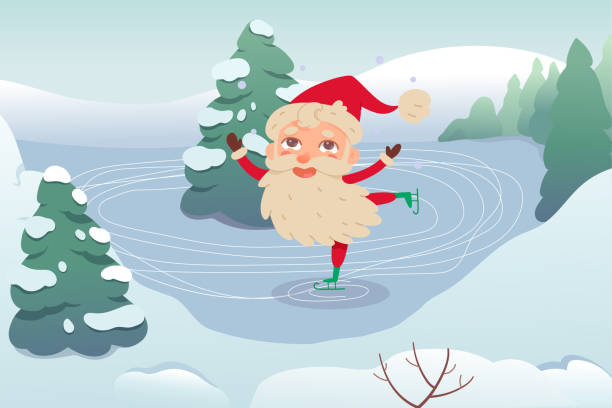 istock Ice skating happy Santa Claus character for Christmas greeting card vector illustration. Winter activity of cartoon funny active grandfather with beard, red hat, costume and skates in winter forest 1738004996