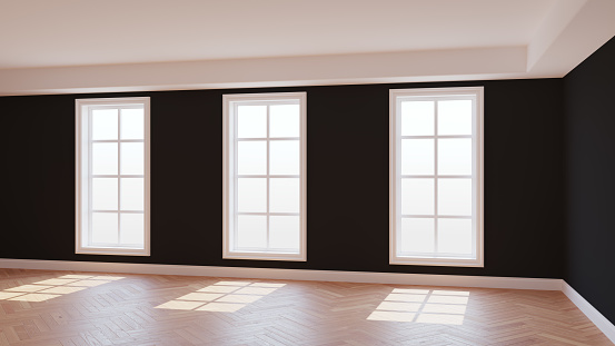Sunny Room of the Black Room with Three Large Windows, Light Glossy Herringbone Parquet Floor and a white Plinth. Beautiful Concept of the Empty Room. 3d Rendering, Ultra HD 8K, 7680x4320, 300 dpi