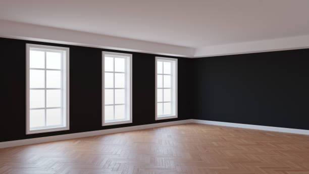 istock Empty Interior of the Room with Black Stucco Walls, Three Large Windows 1738007298