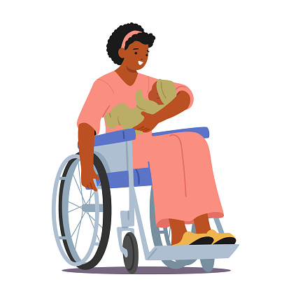 Disabled Mother In A Wheelchair Cherishing Moments With Her Little Child, Their Love Transcending Any Physical Limitations, A Heartwarming Bond That Knows No Bounds. Cartoon People Vector Illustration