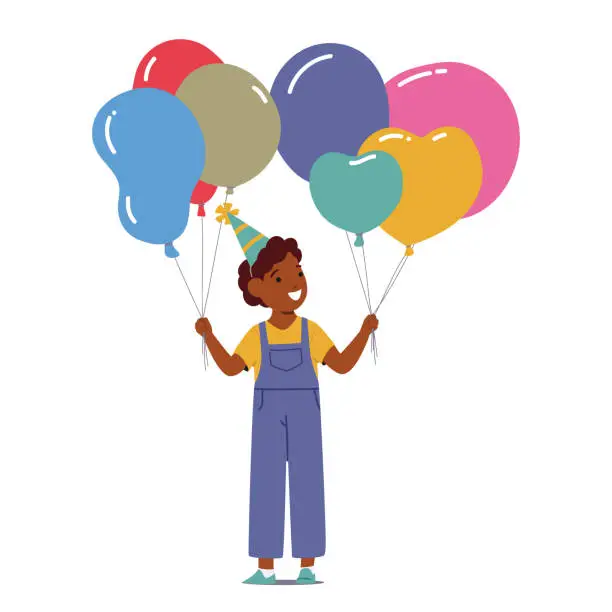 Vector illustration of Little Boy Gleefully Holds Colorful Balloons At His Birthday Party, His Face Beaming With Delight And Excitement