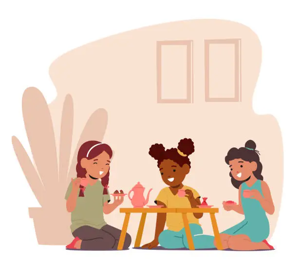 Vector illustration of Little Girls Gather For A Charming Tea Party. Delicate Teacups, And Giggles Fill The Air As They Sip Imaginary Tea