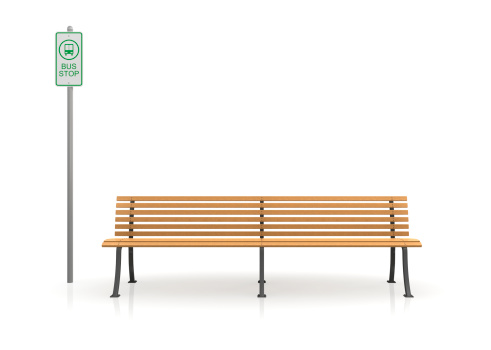 Bus stop with bench and sign on a white background.