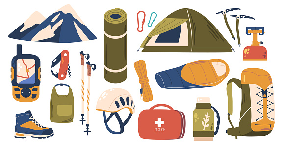 Alpinist Equipment Set, Essential Gear For Conquering Mountains. Ice Axes, Crampons, Ropes, Harnesses, Carabiners, And High-quality Clothing To Brave Extreme Altitudes. Cartoon Vector Illustration