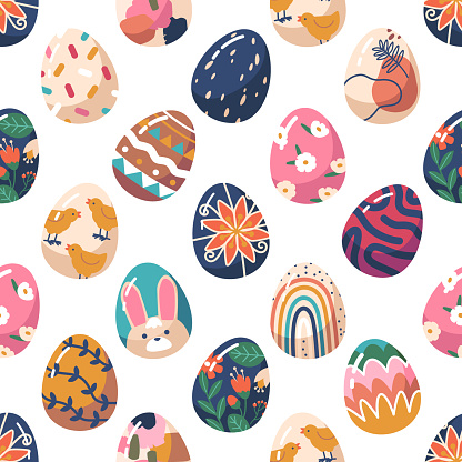 Cheerful Easter Egg-themed Seamless Pattern, Bursting With Bright Colors And Delightful Designs, Perfect For Adding A Festive Touch To Springtime Christian Celebrations. Cartoon Vector Illustration
