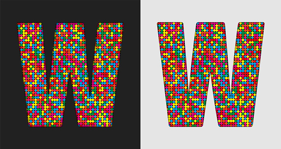 Vector bubble letter - W. Glitter character shape of colored dots, points, circles. Sequin type, alphabet, font. Creative disco club bright sparkle. Multi color glitters, sparkles, paillettes letters