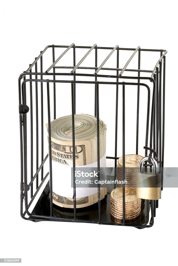 Hard Times "Cash locked up,on white background." Currency Stock Photo