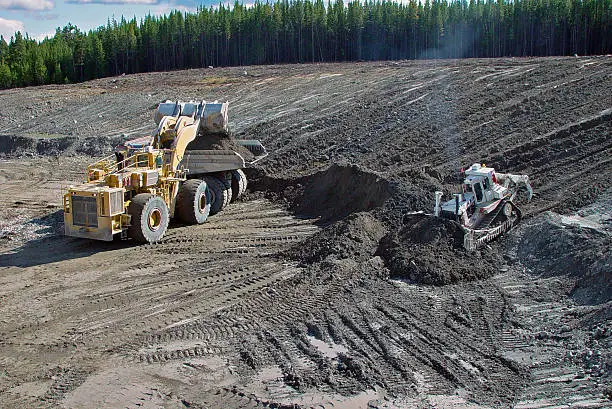 "Mining equipment (loader, truck, and dozer) working to remove overburden for reclamation."