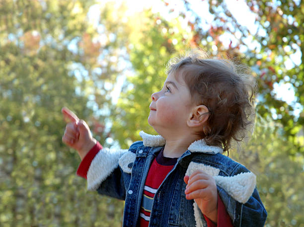 toddler rivolto verso l'alto - moving up child pointing looking foto e immagini stock