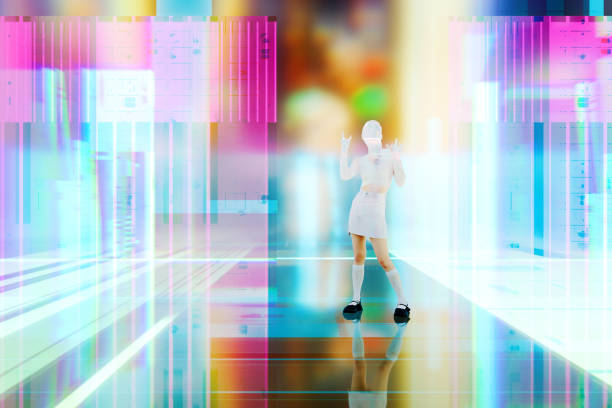 Young woman standing in VR environment. 3D generated image.