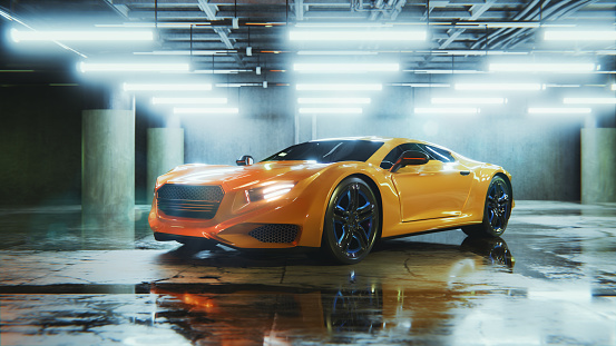 Empty garage with modern sports car. Vehicle is generic and not based on any real (or concept) model/brand. 3D generated image.