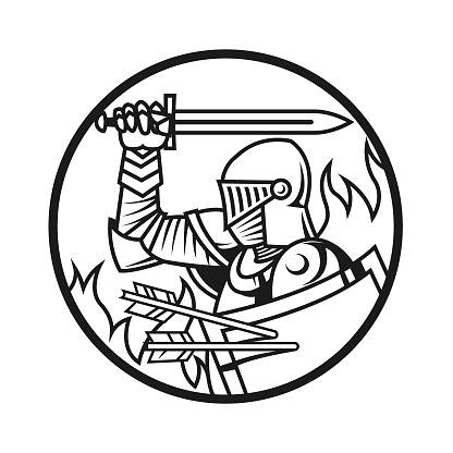 Stylized silhouette of a warrior knight in armor with sword and shield with arrows stuck in it, fighting on the battlefield - round cut out vector icon on white background