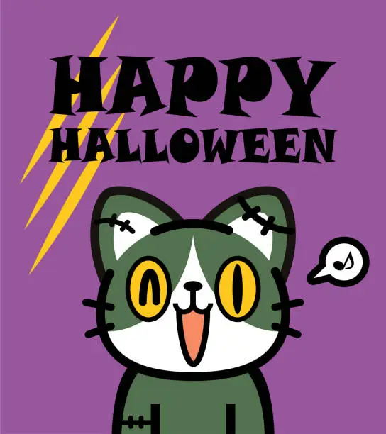 Vector illustration of Cute Halloween character design of a zombie calico cat