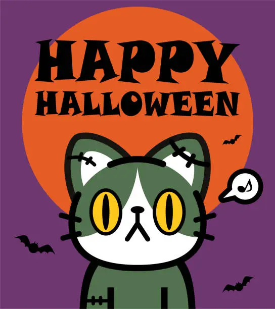 Vector illustration of Cute Halloween character design of a zombie calico cat