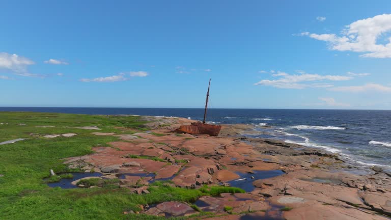 Aerial View of The Brion Wrecked Ship in Kegaska, Cote Nord, Quebec, Canada