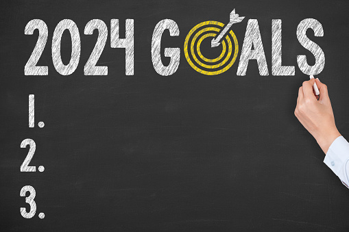 New Year 2024 Goals on Blackboard Background